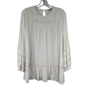 Lucky Brand White Bohemian Embroidered Gauzy Tunic Blouse Size Medium
